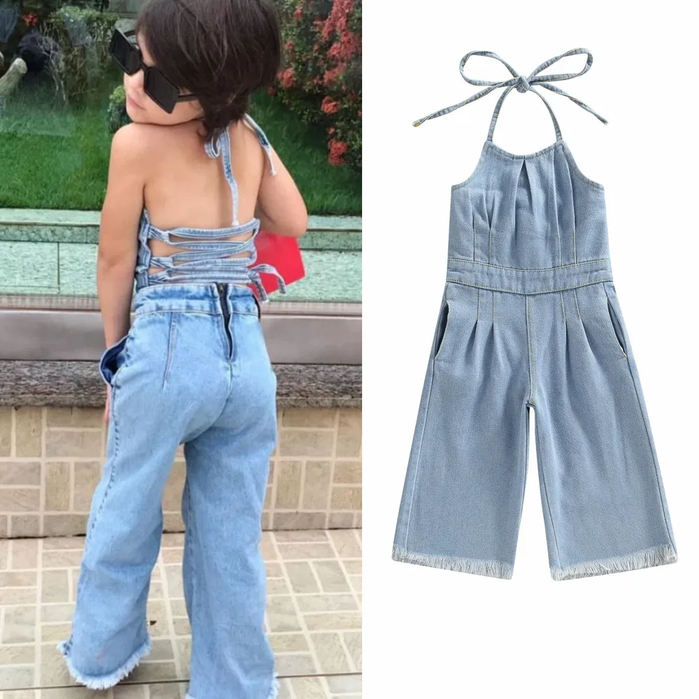 

New 2022 Summer Kid Baby Girls Jumpsuit Tie-Up Halterneck Sleeveless Solid Color Jumpsuit Pants Denim Long Playsuit Overalls