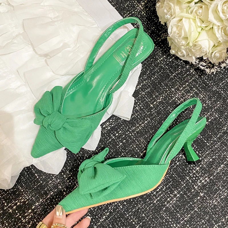 

Туфли-лодочки женские с заостренным носком, повседневные сандалии на высоком каблуке, без задника, с бантом-бабочкой, обувь для улицы, лето ...