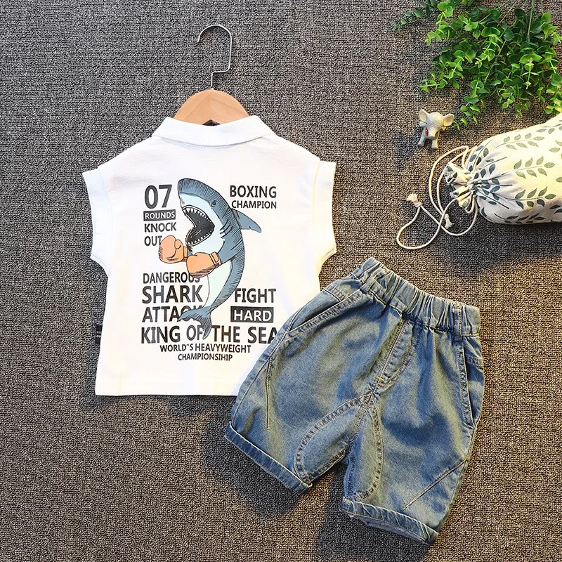 

Boys Short-sleeved Baby Jeans T-shirt Korean Version of The Lapel 2022 New Children's Suits Children's Clothing Two-piece