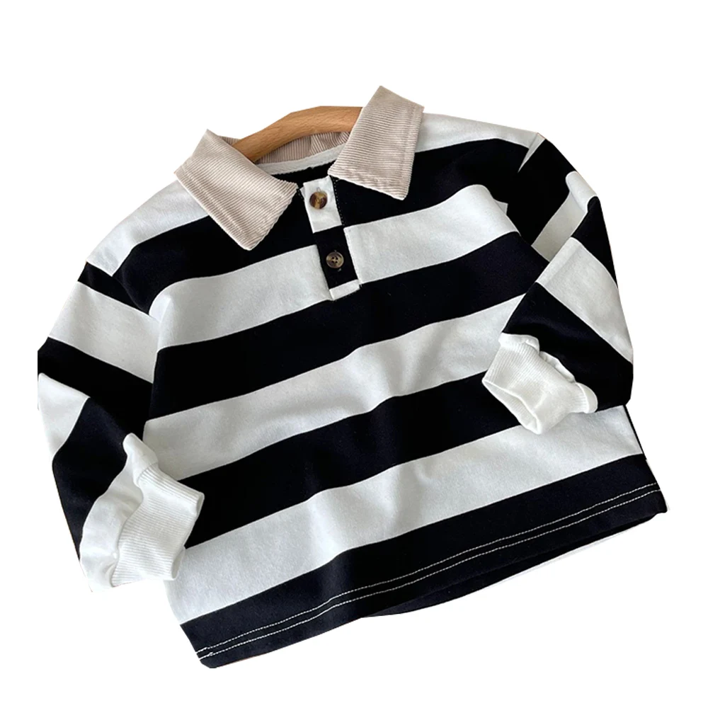 

Kids T Shirt For Boys Striped Cotton Turn-Down Collar Fall Toddler Clothes Back To School Children Long Sleeve Tops