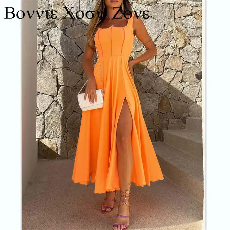 

Dress For Women 2023 Square Neck Contrast Piping Thick Strap Slit Contrast Paneled Ruched Maxi Dress Chic Sexy Dresses