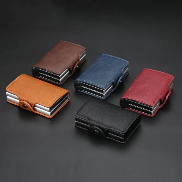New RFID Mini Double Box Metal Wallet Vintage Leather Credit Card Holder for Men and Women Business Card ID Badge Holder Case 5
