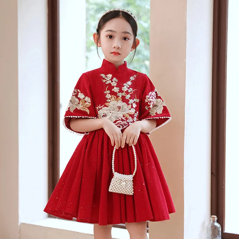 Children'S Dress Long Sleeve New Host One Year Old Western Style Baby Girl'S Wine Red Gown Платья Для Девочек YMX017