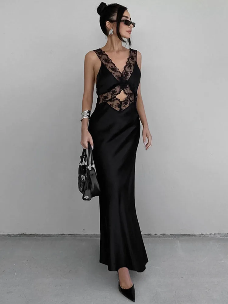 TARUXY Lace Slim Maxi Dresses For Women Clothing Deep V Neck Sexy High Wasit Long Dress Party Fashion Evening Dress Woman 2023