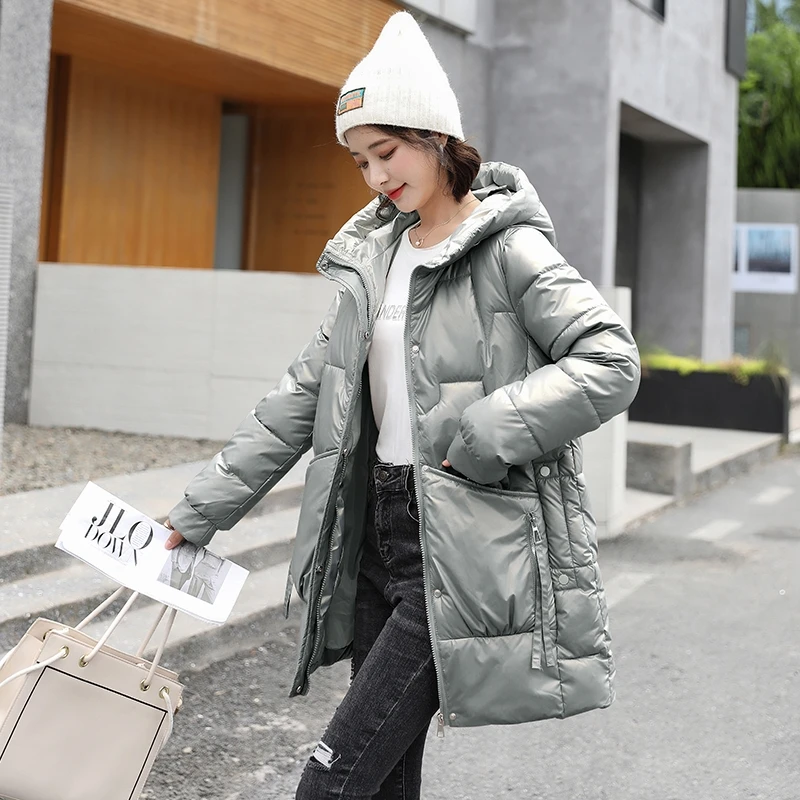 Winter Jacket Women 2022 Glossy Hooded Loose Solid Thicken Warm Long Top Padded Ladies Down Cotton Coat Parkas Famale Clothing