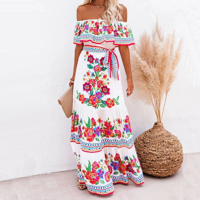 

2021European and American Spring and Summer AliExpress Amazon New off-Shoulder Positioning Printing Long Large Hem Dress