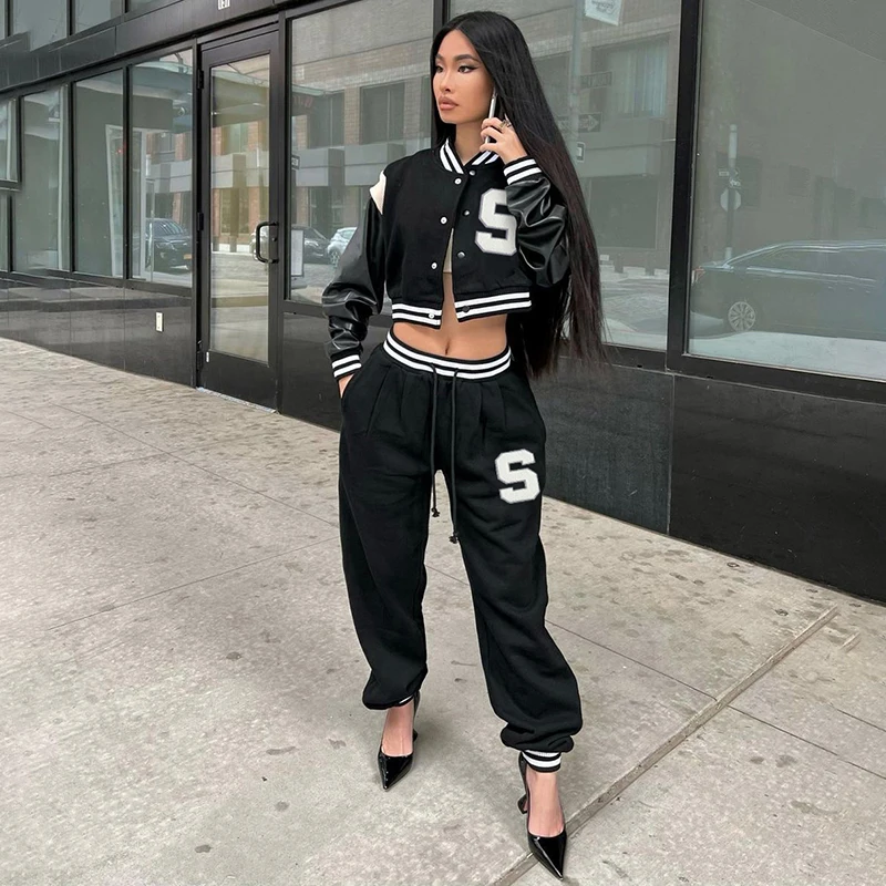 Two piece set Women Buttons Up Streetwear Letter Printed Bomber Jackets Sweatpants Loose Jogging Trousers