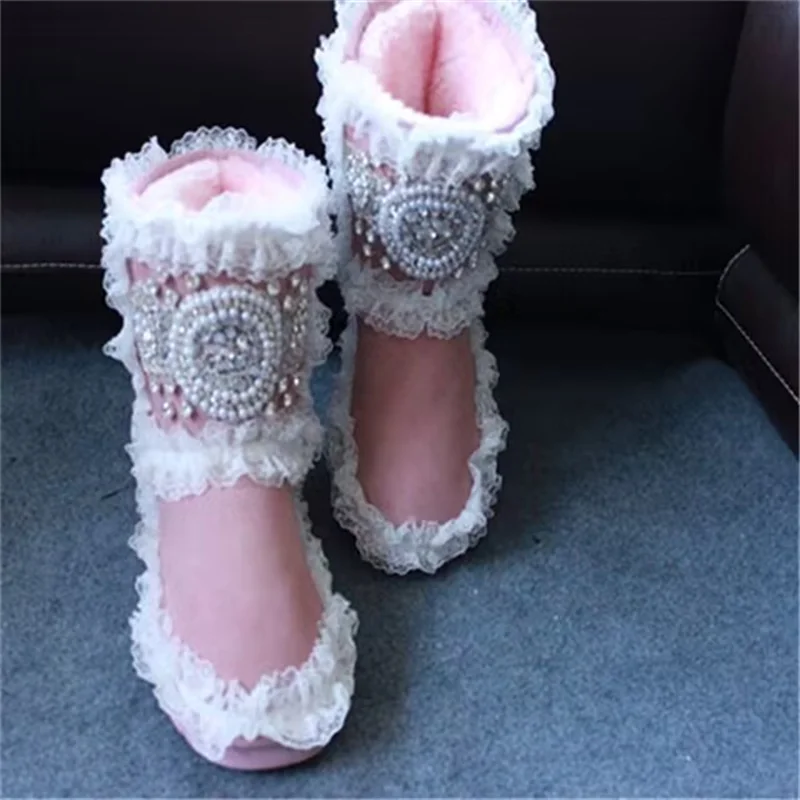

Милые жемчужные зимние теплые ботинки с флисовой шнуровкой и кружевом, слитные меховые ботинки ручной работы на заказ, женские ботинки 35-40