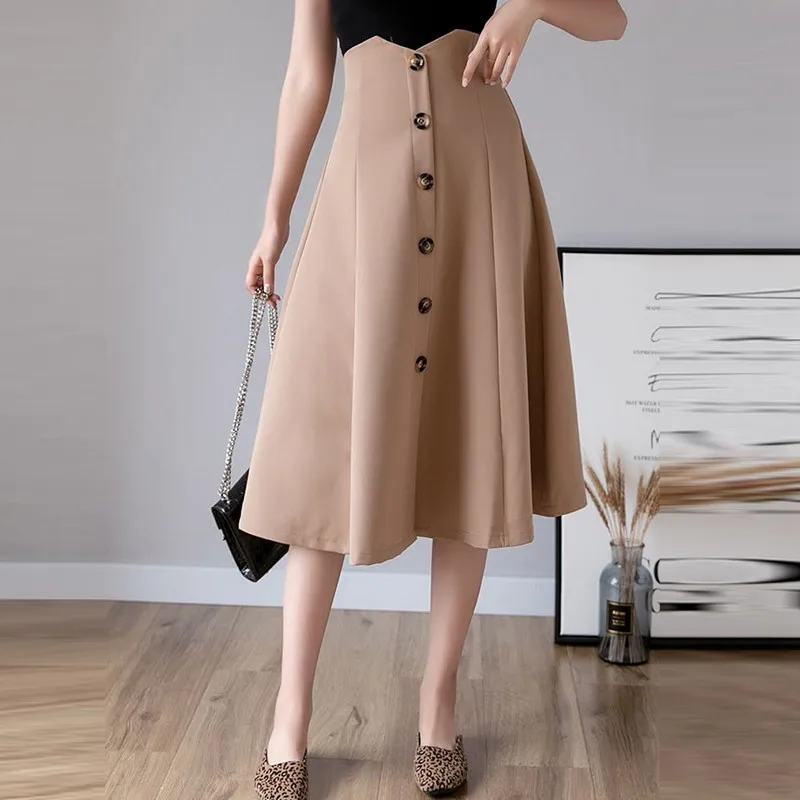 

Ladies Elegant A-line Long Skirts New 2022 Spring Office Style Single-breasted All-match Women High Waist Casual Skirt W892