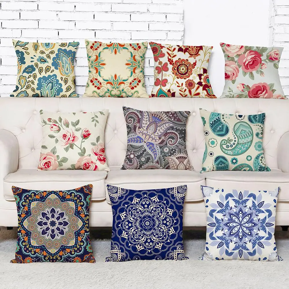 

Льняная подушка, чехол для дивана, домашний декор, съемная наволочка для подушки в этническом стиле с цветочным принтом, стирается для бытов...
