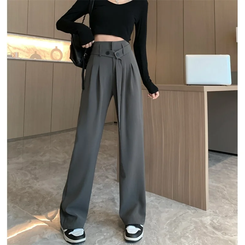

Серые женские Костюмные брюки с поясом и высокой талией, американские винтажные мешковатые брюки, уличная одежда, стильные модные женские п...