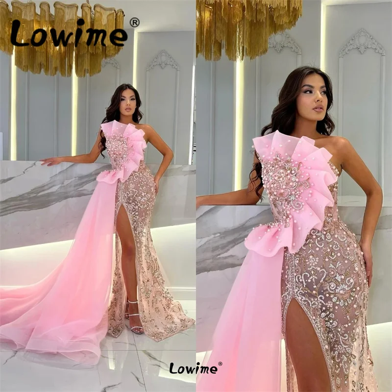 

Pink Evening Dresses Beaded Crystals Long Party Celebrity Dress 2023 Robes De Soirees Dubai Strapless High Split Side Prom Gowns