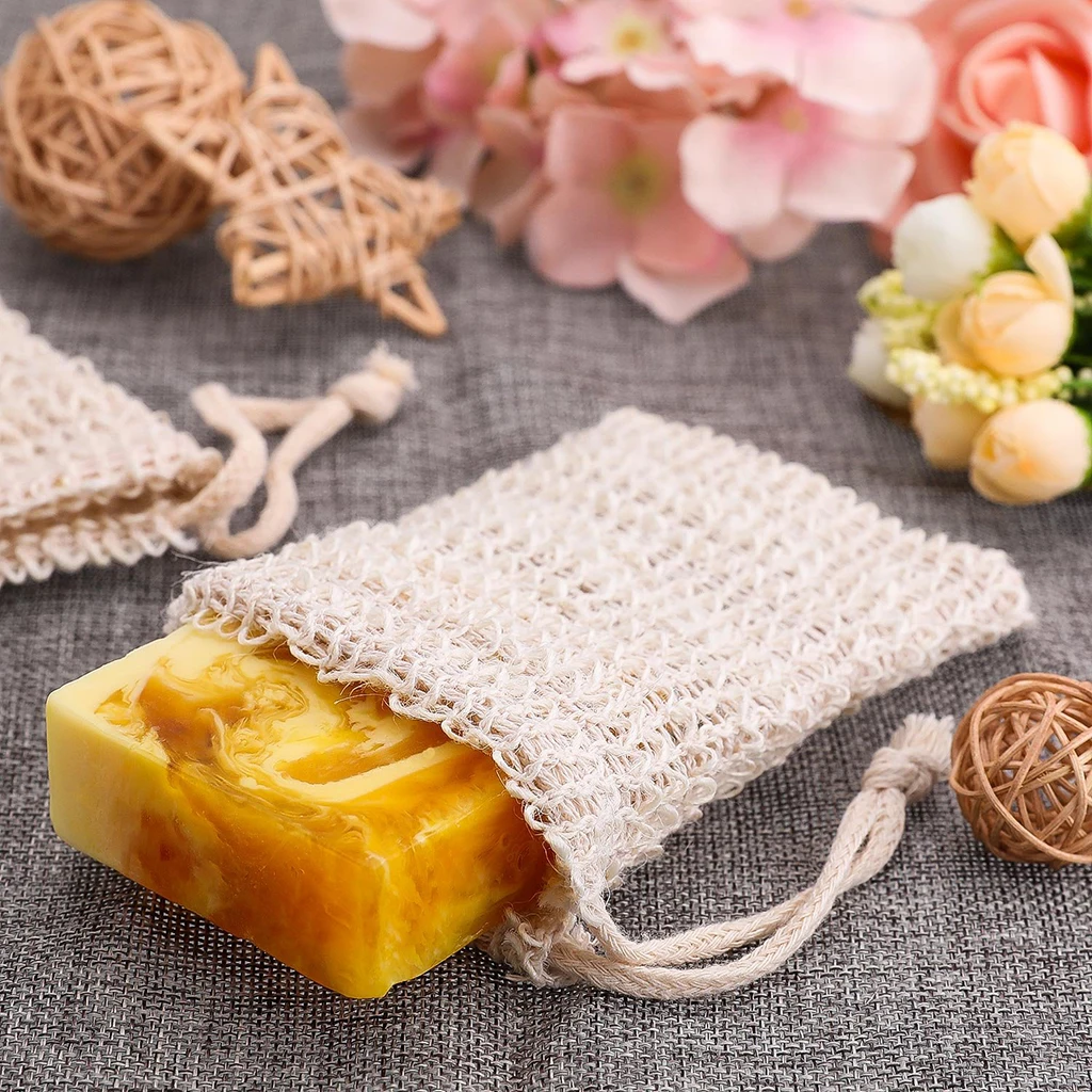 

2Pcs Natural Sisal Mesh Soap Exfoliating Bag Bath Shower Scrubber Hand Made Soap Saver Pouch with Drawstring for Bath Foaming