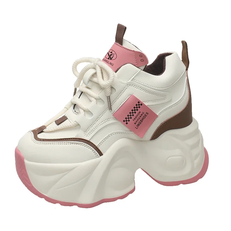 

10.5CM Heels Chunky Sneakers Winter Autumn Women Warm Snow Shoes Comfortable Casual Leather Shoes Plush Platform Sports Sneakers