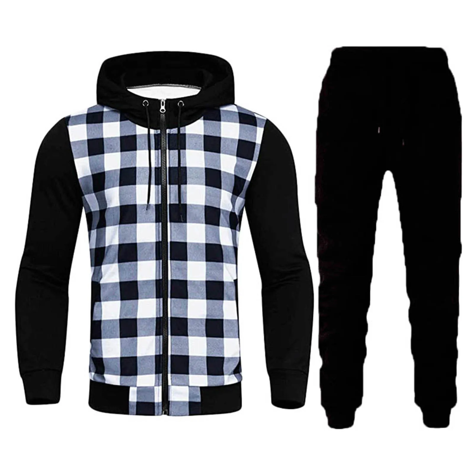 

Men Matching Set Plaid Color Block Long-Sleeve Zip Up Hooded Jacket Coat Drawstring Pants Two Piece Set Streetwear Male Outfits