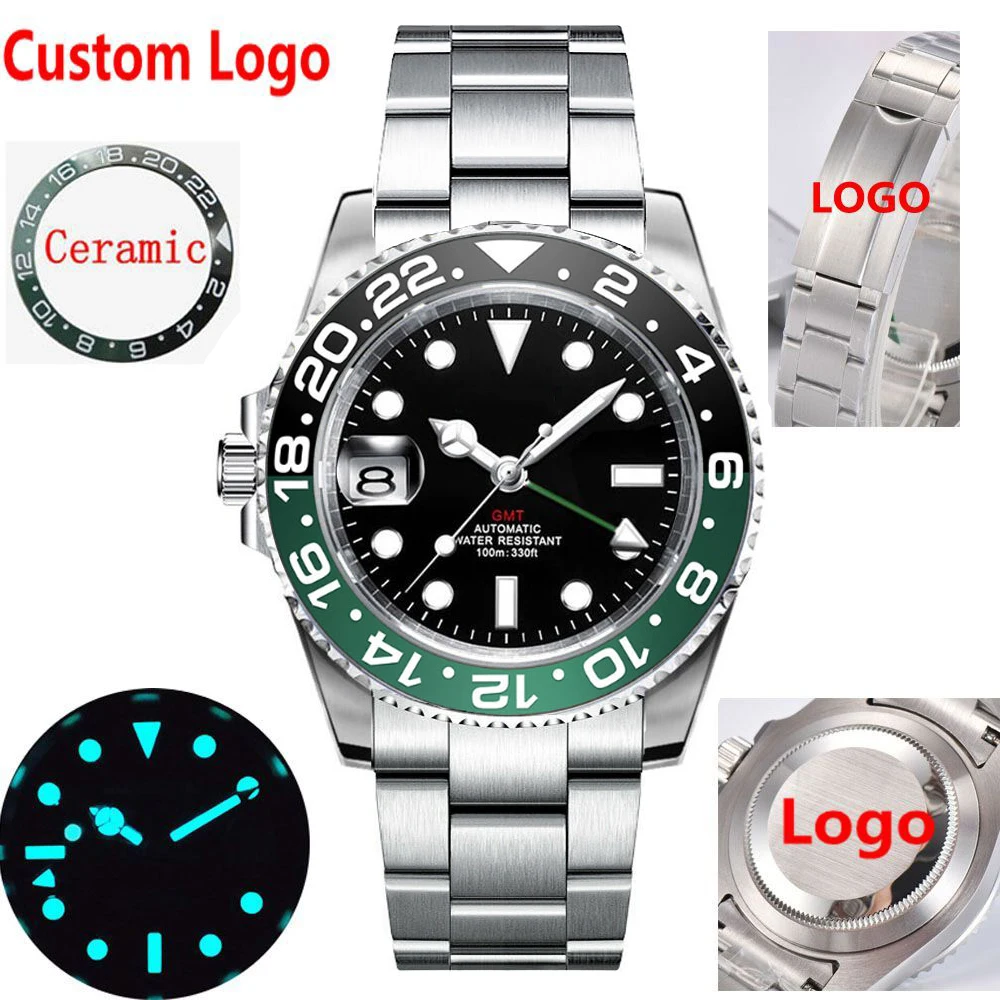 

Custom Sapphire Glass Mechanical Watch 40mm reloj hombre Ceramic Bezel Luxury Men Automatic Wristwatch Stainless Steel GMT Watch