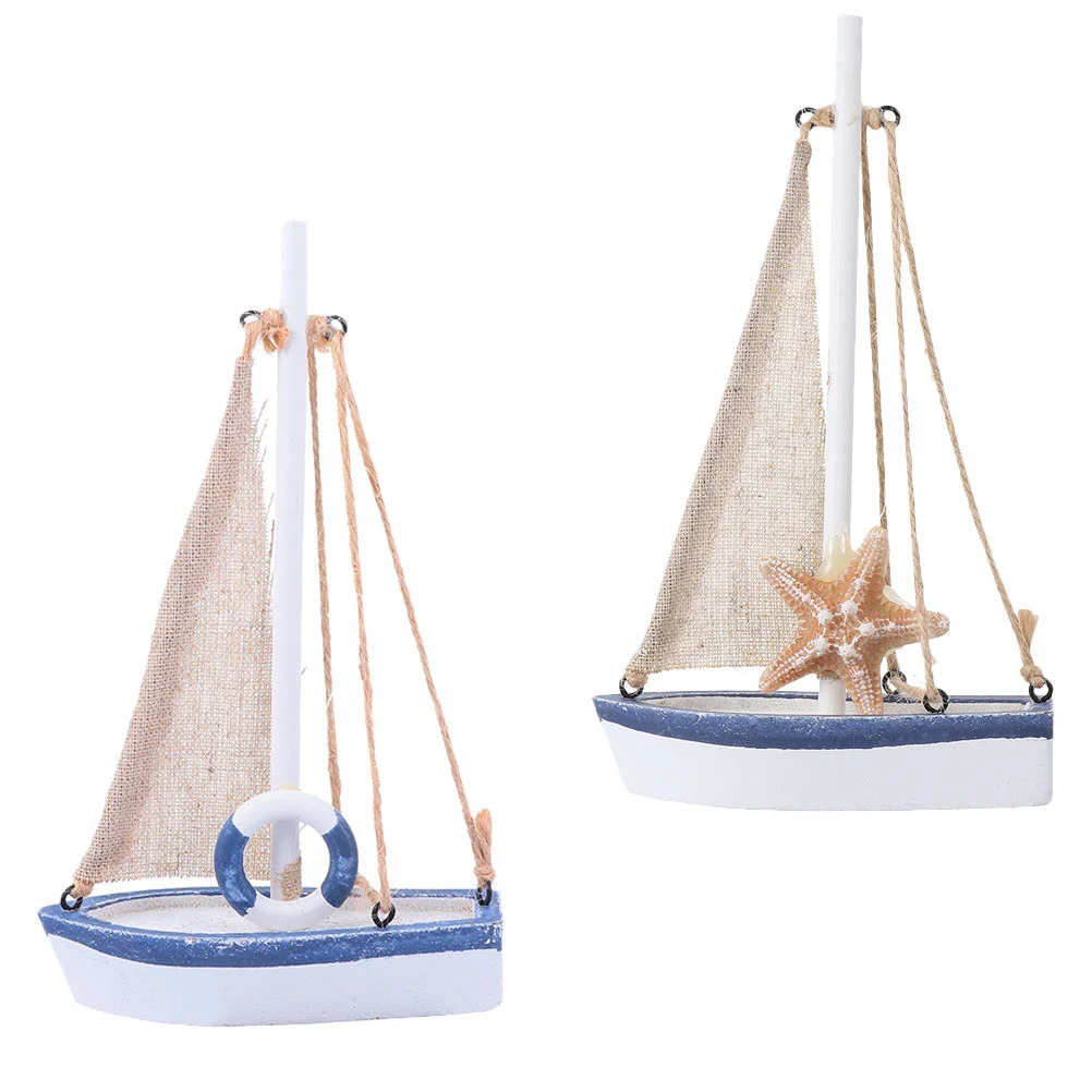 

2Pcs Mediterranean Ship Sculpture Ornament Wooden Sailing Boat Wooden Sailing Boat Craft Marine Theme Birthday Decoration