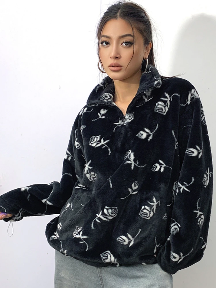 WieYao 2022 Winter Fluffy Faux Fur Coats For Women Floral Print Zip Up Stand Collar Full Sleeve Oversized Pullover Sweatshirts