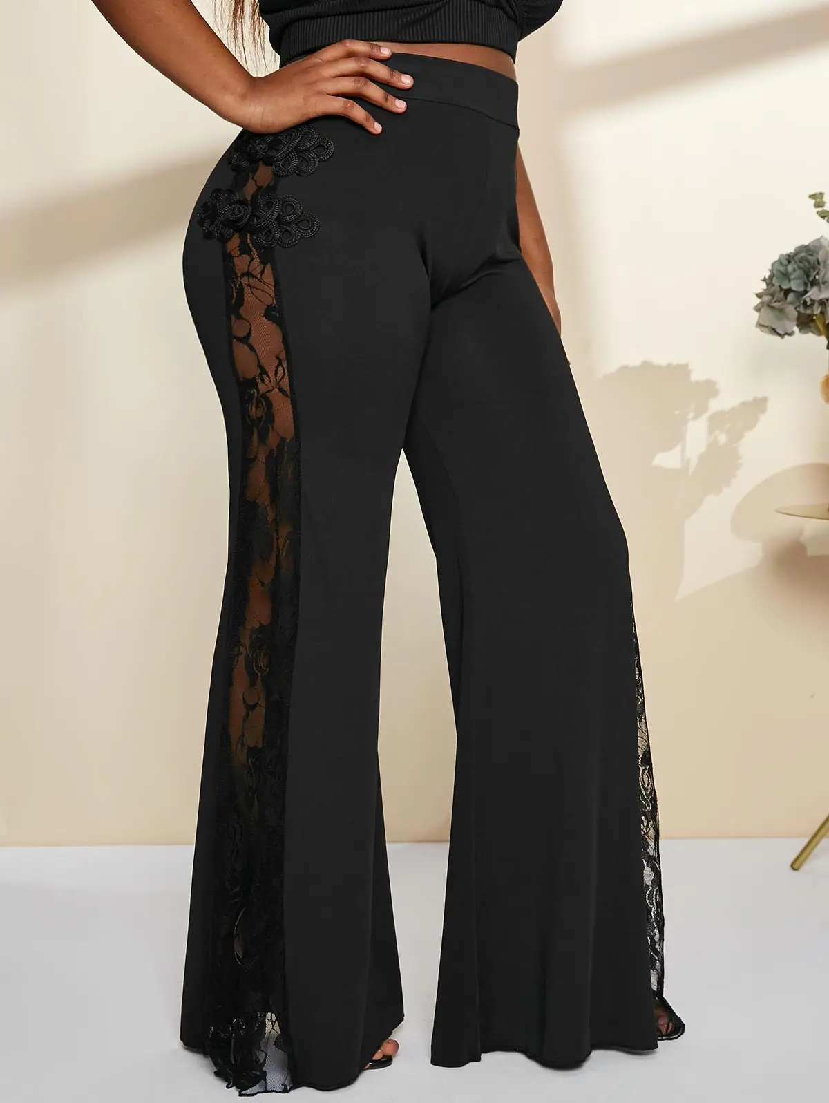 ROSEGAL Side Sheer Lace Panel Bell Bottom Pants Fashion New Ladies High Waist Wide Leg Trousers Drawstring Pull On Pant S-4XL