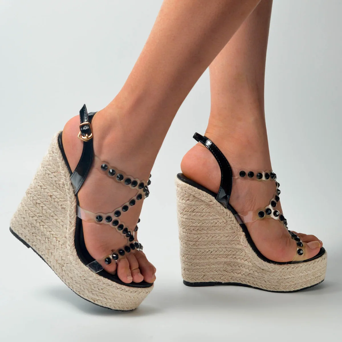 

SHUZUMIAO New Women Sandals Ankle Buckle Strap Summer Hollow Platform Wedges High Heel Sandal Roman Rivet Party Dress Shoes