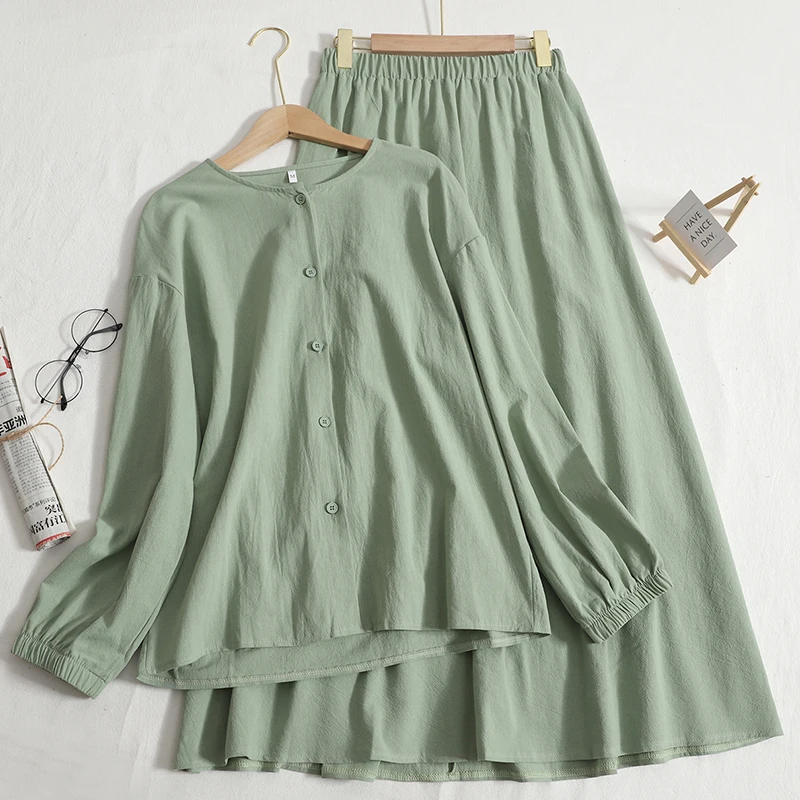 

Casual women's spring and summer new literary round neck long-sleeved shirt + high waist skirt cotton and linen two-piece tide