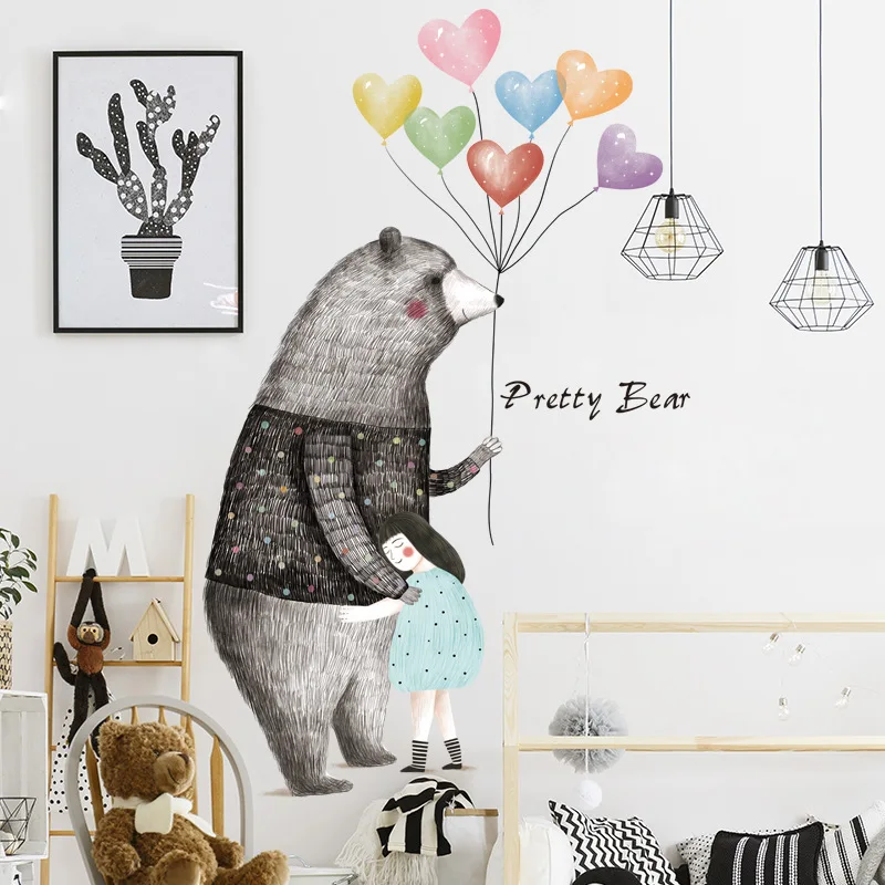 

Bear Wall Stickers for Girls Baby Kids Boy Room Decoration Self-Adhesive Balloon Wall Paper Posters Waterproof Decal Murals