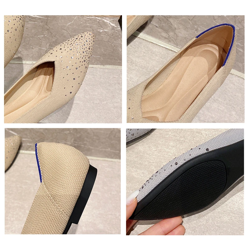 Autumn Shallow Mouth Casual Shoes Rhinestone Breathable Woven Boat Shoes Woman Knit Pointed Shoes Women's Flat Shoes Ballet Shoe