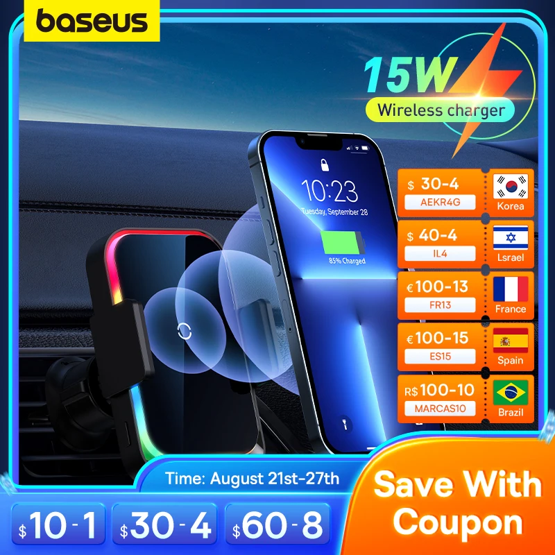 

Baseus Car Phone Holder 15W Wireless Charging Stand with RGB Light For Iphone Xiaomi Samsung Car Mobile Support Car accessories