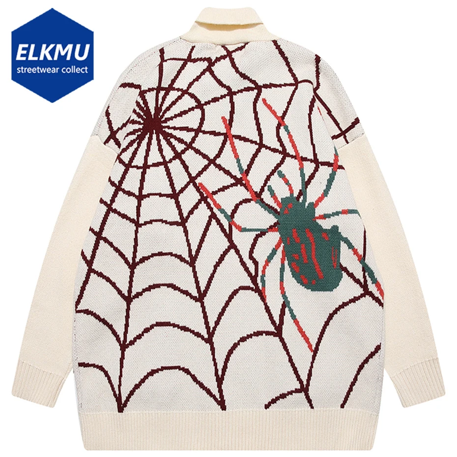 

Spider Web Sweater Zipper Cardigan Men Oversized Hip Hop Harajuku Streetwear Knitted Sweaters Y2K 2023 Man Beige Loose Sweater