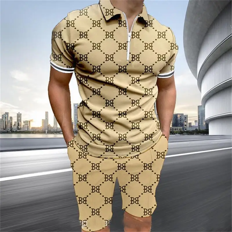 

Trendy Zipper Polo Set Shirt&Shorts Set for Men Outfit Streetwear 2-piece Suit Short Sleeve Summer Tracksuit Y2K Men's Clothing