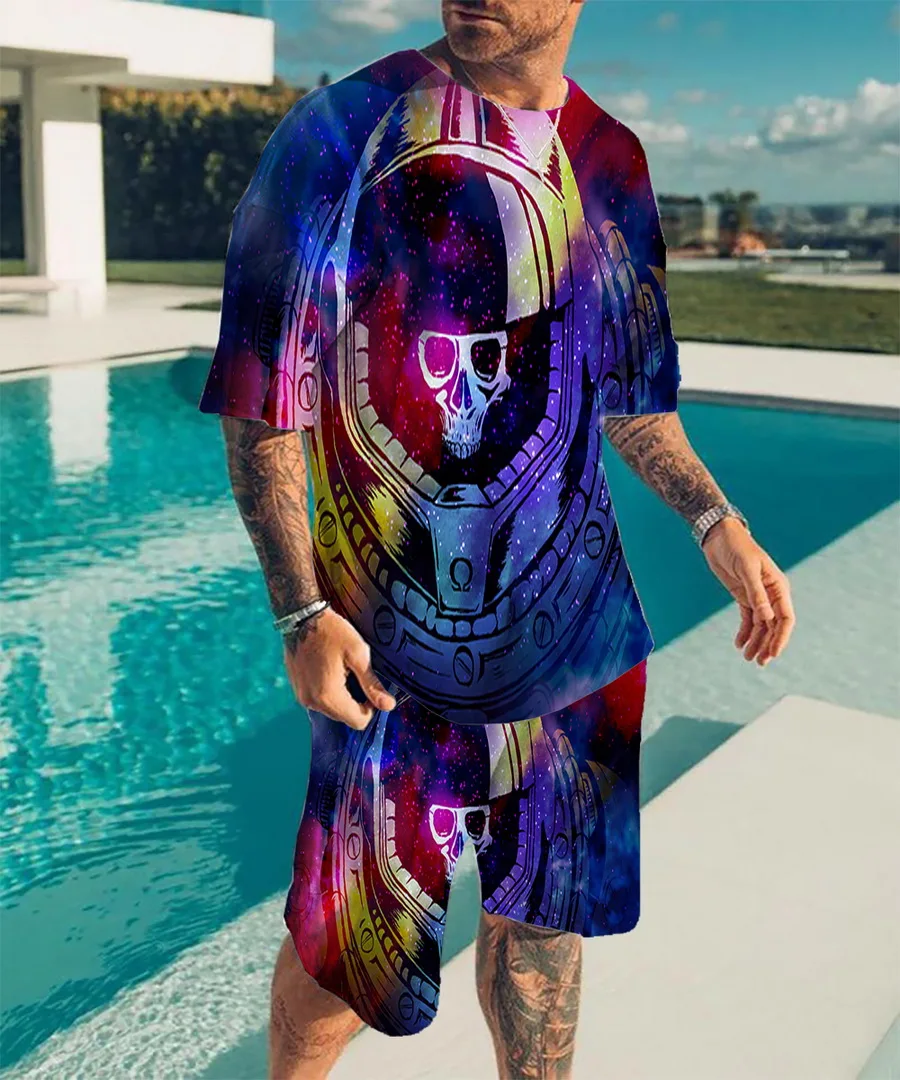 

Summer New Men's T-shirt Men's Casual Suit Simple Men's T-shirt Short Sleeve + Shorts Oversized Skull 3D Printing 2-Piece Set