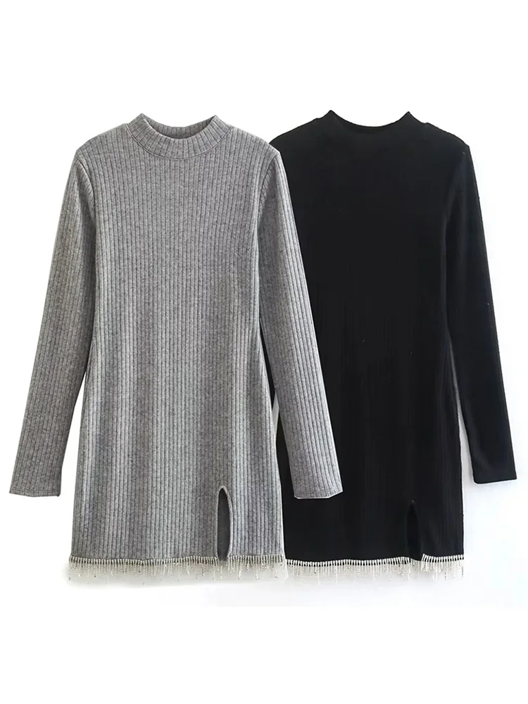 

TRAF 2023 Summer New Women's Fashion O-neck Long Sleeve Hem Diamond Tassel Slit Knit Mini Dress Chic Soft Slim Party Tank Top