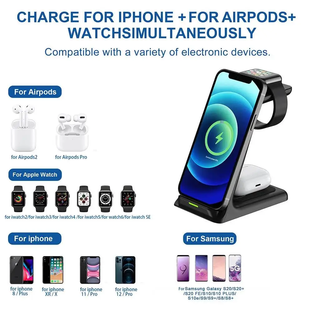 

3in1 QI Wireless Charger Stand 15W Fast Charging Desktop Induction Holder for Samsung iPhone iPad iWatch Apple Watch Airpods