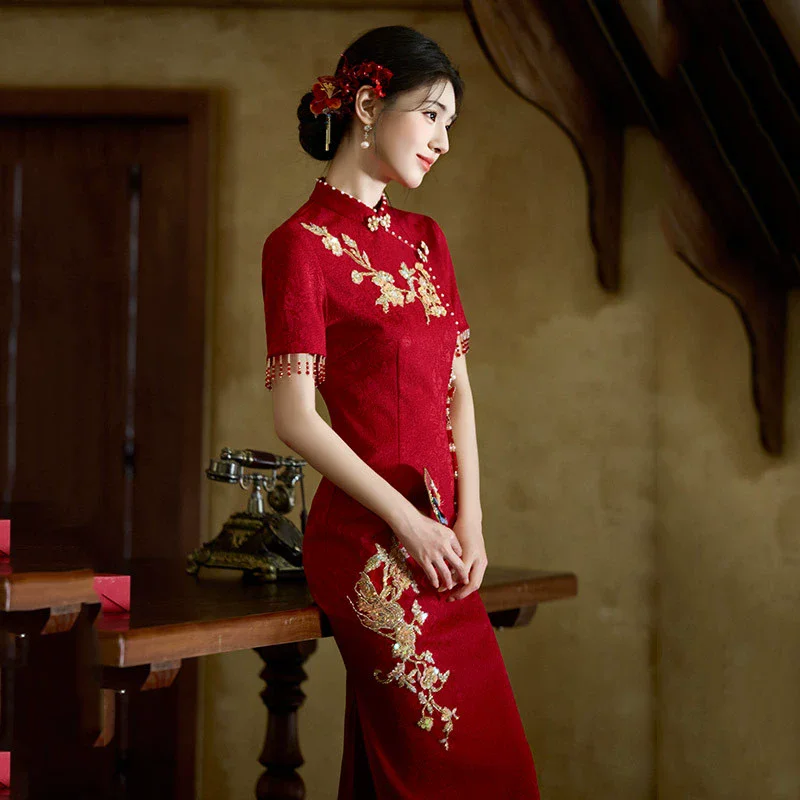 Фото Красное женское платье Cheongsam высокого класса, новое платье Ципао в китайском стиле для невесты, 2025, новое обручальное, свадебное, банкетное №4