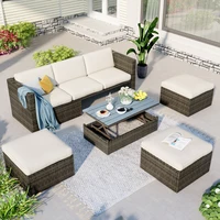 Patio Furniture Sets, 5-Piece Patio Wicker Sofa with Adustable Backrest, Cushions, Ottomans and Lift Top Coffee Table for Garden