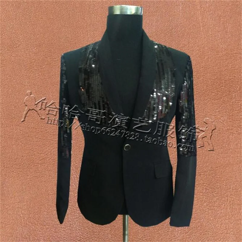 Black sequins clothes men suits designs masculino homme stage costumes for singers jacket mens blazer dance star style punk