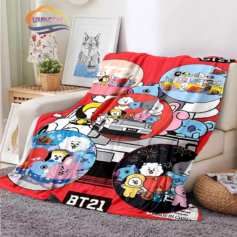 

3D print Korean idol cartoon blanket BT21Four Seasons Flannel Blanket Warmth Soft Plush Sofa Bed Throwing Blanke camping Blanket