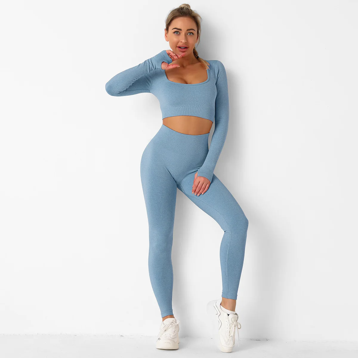 

Square Collar Sexy Casual Outfits Women Soild Colors Long Sleeve Shirts Pants Sets Seamless Push Up Slim Sporty Matching Sets
