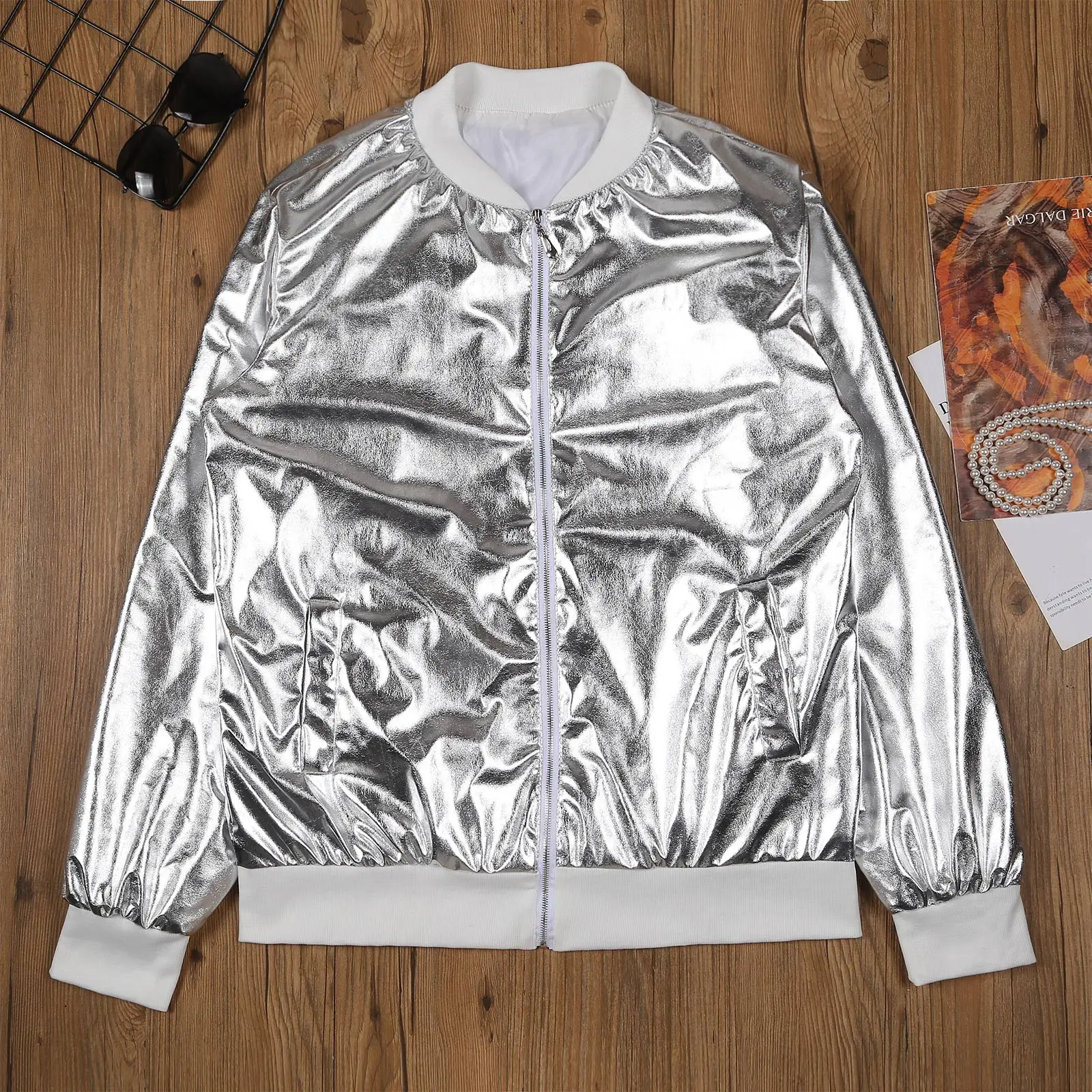 

Mens Fashion Metallic Zipper Jacket Clubwear Shiny Long Sleeve Ribbed Hem Coat Dance Party Stage Performance Costume