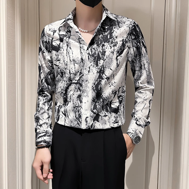 2022 Ink Splash Print Shirt Men Autumn Long Sleeve Casual Slim Business Formal Dress Shirt Streetwear Social Party Tuxedo Blouse
