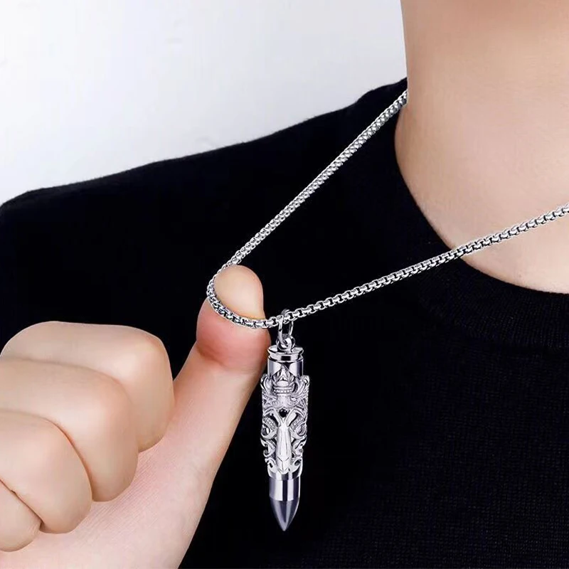 Necklace Male Dragon Pattern Bullet Pendant Trendy Personality Fashion Titanium Steel Necklace Hollow Perfume Love Letter Pendan