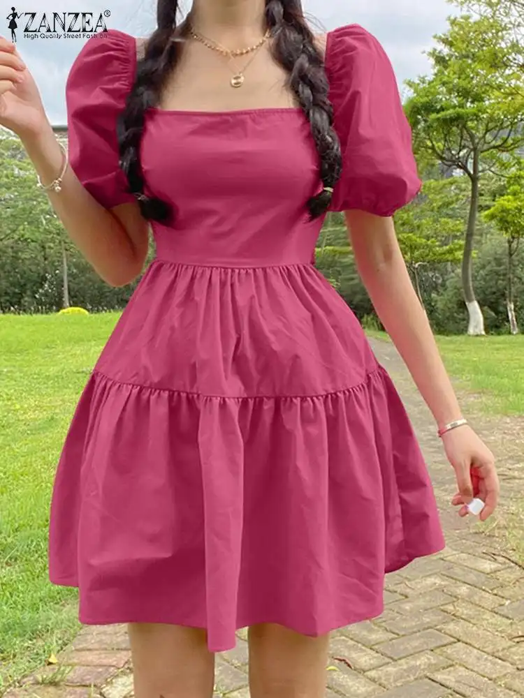 ZANZEA Beach Short Dress 2022 Fashion Solid Square Collar Robe Women's Elegant...