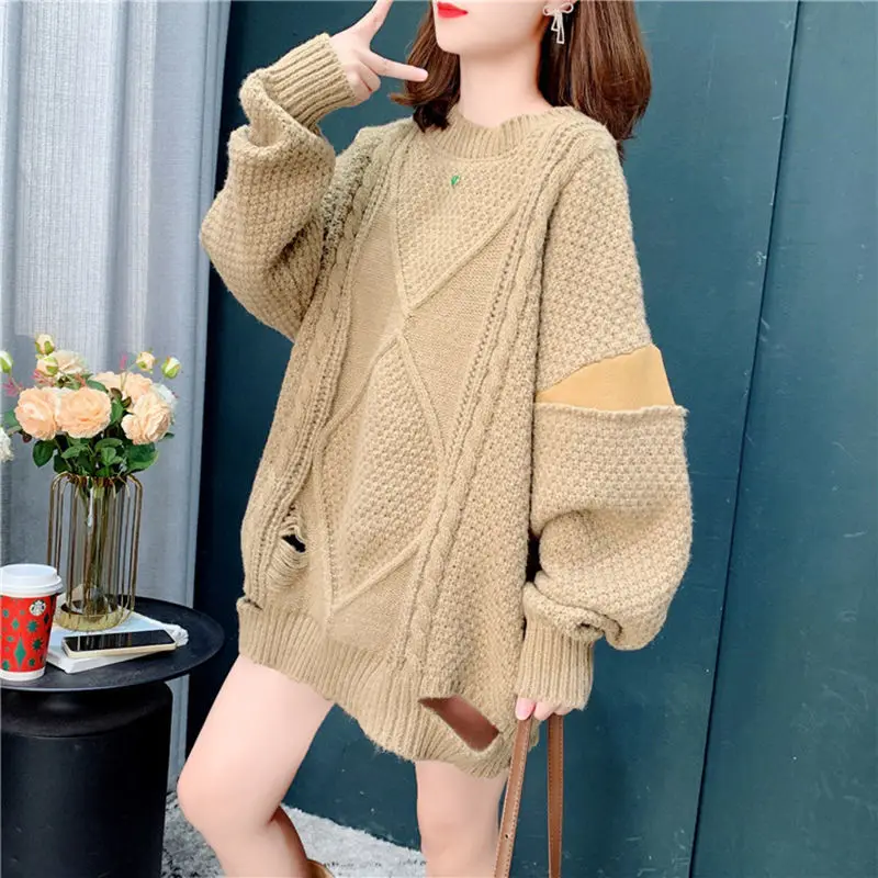 

Women 2022 Autumn Winter New Round Neck Holes Pullover Tops Female Long Sleeve Knitted Tops Ladies Solid Color Sweater Tops O304