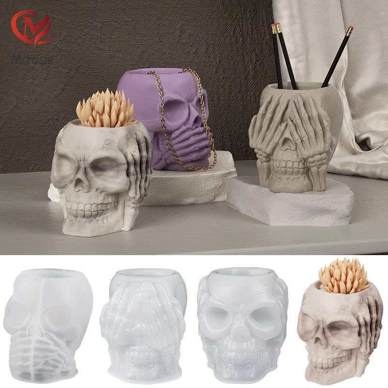 

Mirosie Diy Epoxy Resin Molds Cover Ears Eyes Mouth Skull Pen Holder Storage Box Halloween Plaster Decoration Silicone Mold