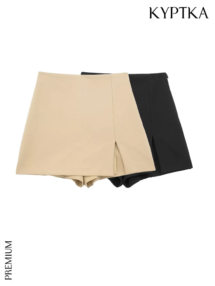 

KYPTKA Women Fashion Front Slit Shorts Skirts Vintage High Waist Side Zipper Female Skort Mujer