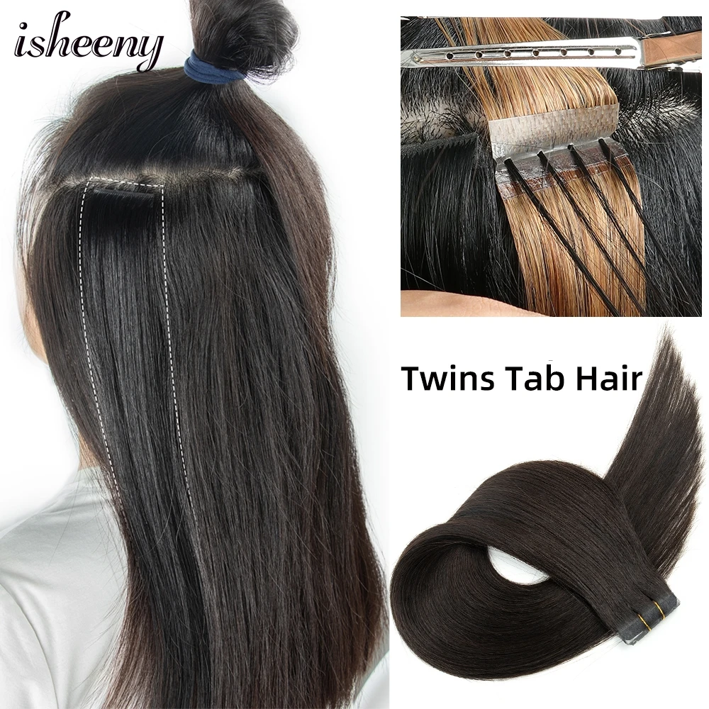 Isheeny Twins Tape In Human Hair Extensions 16 inches Real Natural Machine Remy Pull Through Invisible Hole Tape Hair 10pcs