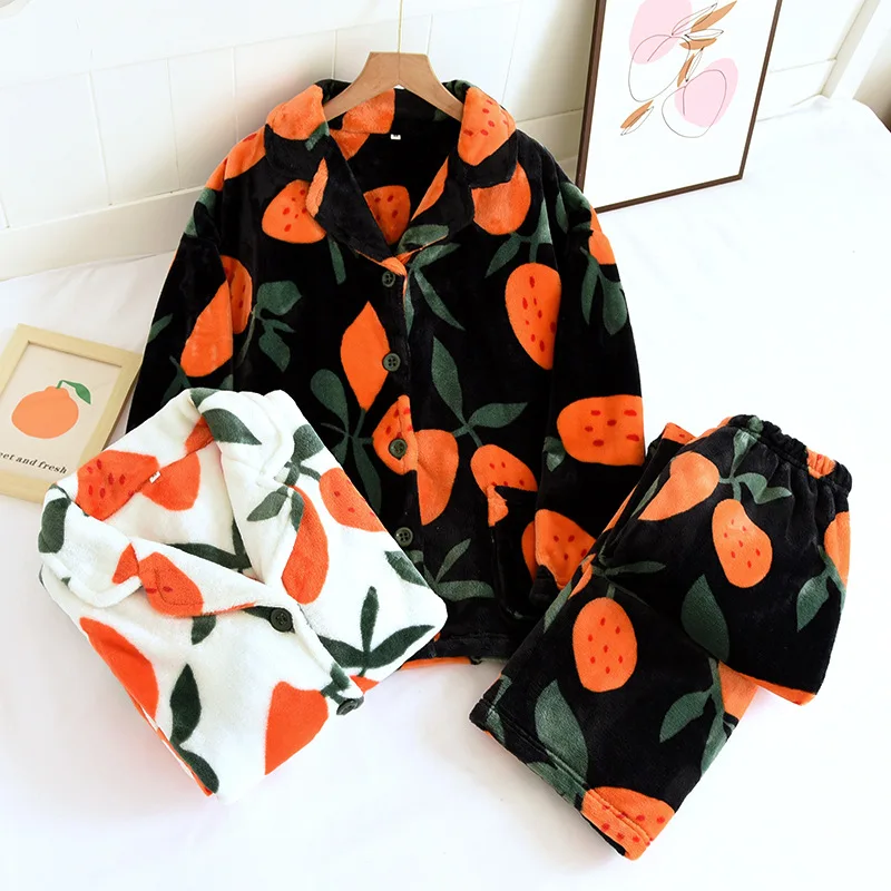 New Women's Pajamas Set Warm Flannel Orange Print Sleepwear Casual Homewear V Neck Nightwear For Female Autumn Winter Pajama