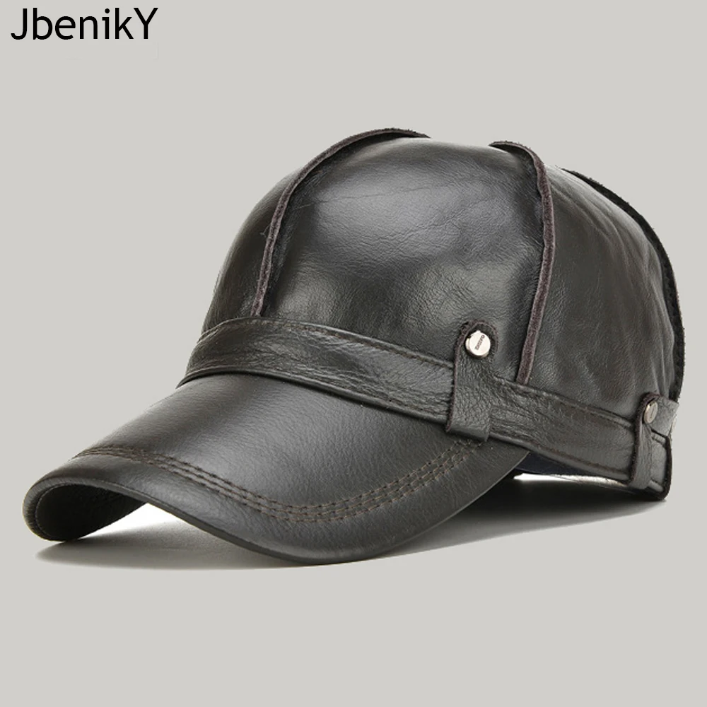 

Бейсболка мужская из натуральной кожи, однотонная Регулируемая Повседневная Уличная шапка, модная кепка из натуральной воловьей кожи с ушк...