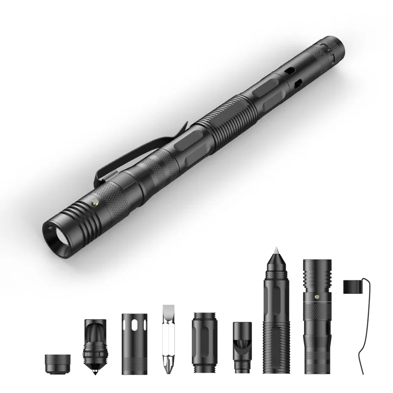 Multifunctional Tactical Pen With Light Outdoor Self-Defense Flashlight Broken Window Cone Whistle Bottle Opener Screwdriver