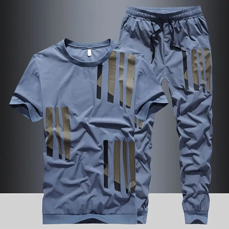 Men's Summer Sports Leisure Ice Silk Thin Fashion Trend Fitness Short Sleeve T-Shirt Trousers Two-Piece Set